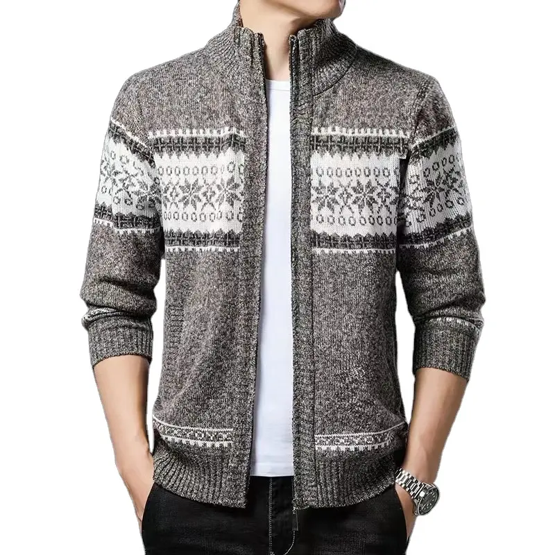 Suéter de lã com zíper para inverno, cardigã tricotado