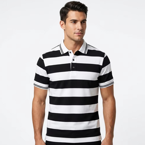 Custom Heavyweight 100% Pique Cotton <b>Men</b> Polo <b>Shirt</b> Classic Black and White Horizontal Striped Old Money Style Slim Fit Polo Tee - Product Image 2