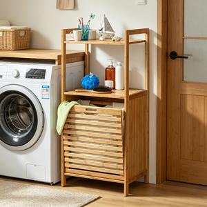 Cesto Portabiancheria in Bambù con Scaffale a 2 Livelli e Cesto Portabiancheria Staccabile per <span class=keywords><strong>Bagno</strong></span> - Product Image 1