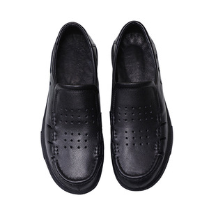 Mocassins en cuir véritable à bout rond, noirs, respirants, chaussures décontractées pour hommes, été, semelle extérieure en caoutchouc, semelle intermédiaire en EVA - Product Image 4