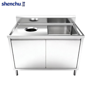 Évier en acier inoxydable à compartiment unique avec goulotte de vidage intégrée au comptoir et armoire de rangement, station de lavage pour cuisine commerciale - Product Image 2