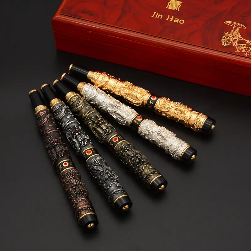 Jinhao Relief Glück verheißende Silber pistole Grau Klassische Vintage Metall Geschenk Rollerball Pen Dragon King Carving Emboss Füll federhalter