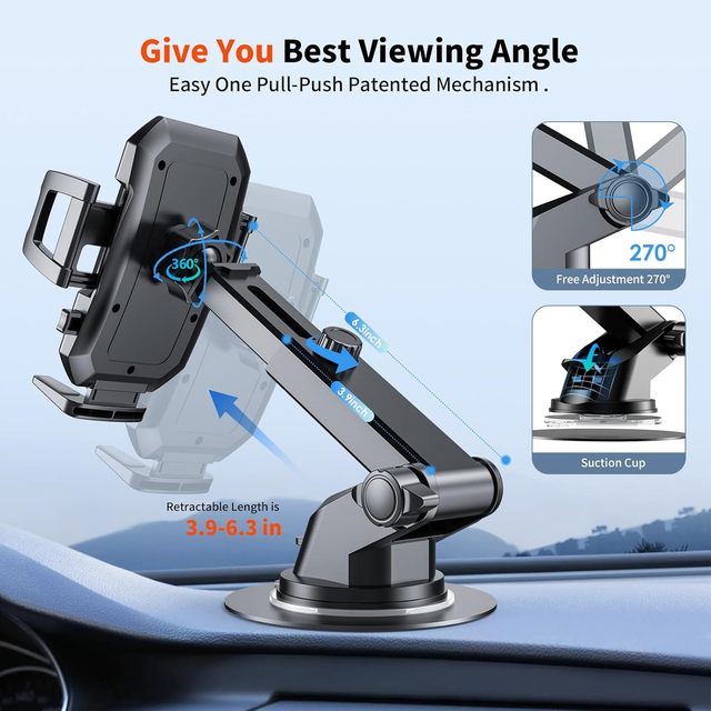 Upgraded 3-in-1 Car Phone Holder Mount with Powerful Suction for Dashboard & Windshield IPhone/Android Phones (Black)