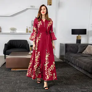 Новая 2023 ручная швейная дрель abaya Dubai, Исламская одежда, горячее популярное платье с бриллиантовыми рукавами, перьями, круглым вырезом