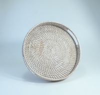 Plateau de service rond en rotin tressé à la main, de haute qualité, classique et décoratif, pour café, fruits, bonbons, gâteaux et aliments, blanc