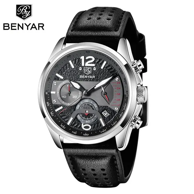 Benyar 5171 새로운 2021 남자 쿼츠 시계 방수 스포츠 크로노 그래프 남자 시계 하이 엔드 가죽 군사 시계 Reloj Hombre