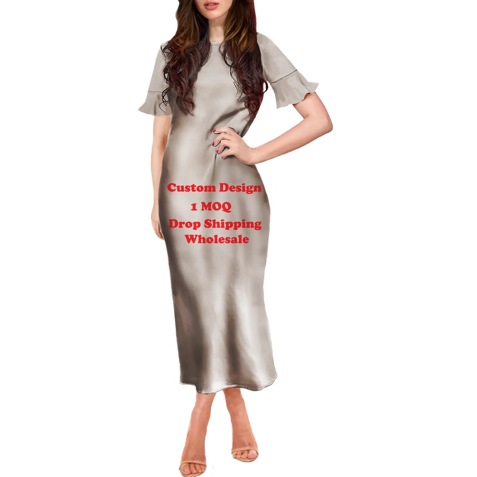 수요에 인쇄 사용자 정의 로고 디자인 이미지 캐주얼 신축성 Bodycon 드레스 꽃잎 슬리브 세련된 레이디 우아한 긴 드레스