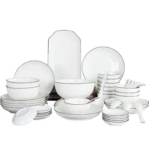 Wedding tableware plates sets dinnerware luxury porcelain white with gold rim serving ware plates sets ceramic dinnerware