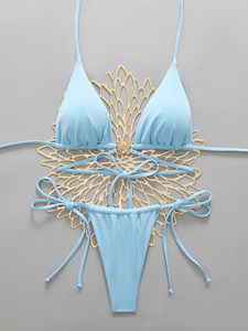 Conjunto de Bikini Azul Cielo para Mujer, Color Sólido, Detalle Metálico, Traje de Baño Sexy de Dos Piezas para Playa - Product Image 1