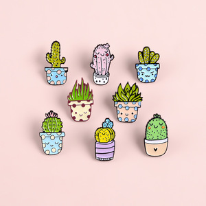 Grosir kaktus lidah buaya tas lencana Pin kartun tersenyum pot hijau kerah Tanaman Pin Enamel - Product Image 5