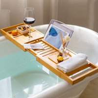 Plateau de bain en bambou naturel, ensemble de quatre pièces, écologique, avec bras extensibles et pieds réglables