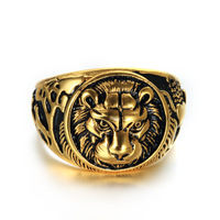 Bague pour homme élégante en acier inoxydable plaqué noir, style motard, avec signet lion