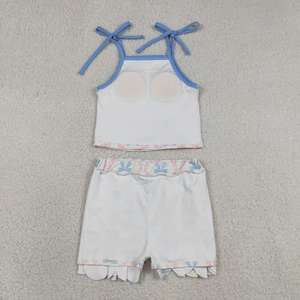 En stock: Conjunto de ropa de yoga de verano para niñas, top casual con tirantes y lazo, y falda pantalón con bolsillos. Ropa deportiva a juego para hermanas. - Product Image 4