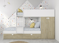 Lit superposé moderne en bois bicolore pour enfants avec échelle, tiroirs sous le lit, mini-armoire, rangement gain de place et design écologique
