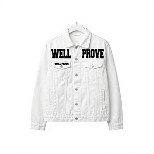 Veste en jean blanche écologique de qualité supérieure pour homme, 400 GSM, en sergé de coton, avec logo chenille personnalisé, devant à empiècements, style streetwear - Product Image 1