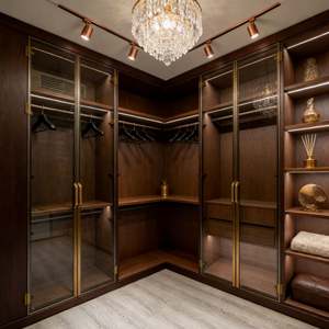 Armoire sur mesure BALOM, design moderne, luxe, bois, porte en verre, poignée dorée, rangement intégré, meubles - Product Image 6