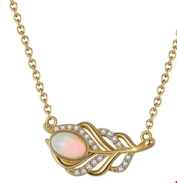 Geometric S925 sterling silver natural opal stone 14K Gold feather necklace diamond hollowed out jewelry