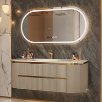 Meuble-lavabo flottant cannelé pour salle de bain d'hôtel avec miroir LED intelligent, double vasque, étanche, option PVC, mobilier moderne