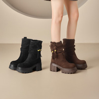 Bottes en daim à plateforme pour femmes, décorées de pompons, talon épais, mi-mollet, chaussures chaudes d'hiver