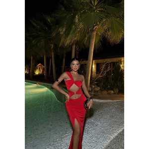 <b>Red</b> Aymil Luxury Evening <b>Dress</b> High Collar Empire Waistline Slim Beaded for Banquets Wedding Guests XL <b>Floor</b>-<b>Length</b> A-Line Slit - Product Image 3