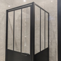 Porte pivotante de douche à cadre noir, verre à grille verticale demi-panneau, style industriel, cabine de douche d'angle sur mesure, vente en gros