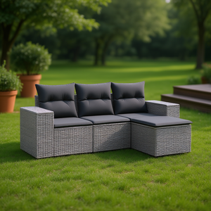 Ensemble de canapé de jardin en rotin gris moderne 3 places, mobilier d'extérieur résistant aux intempéries, design contemporain - Product Image 2