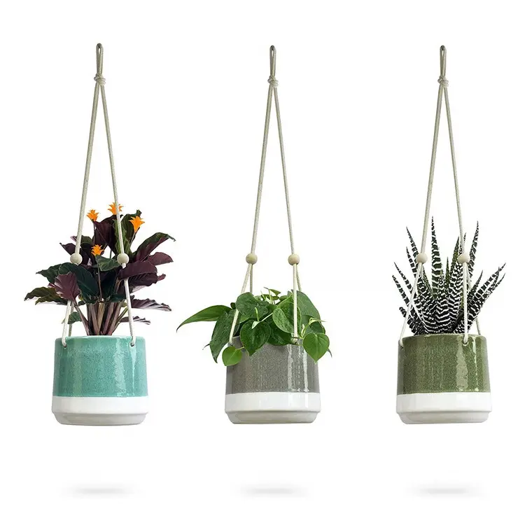 Garden Hanging Ceramic Flower Pot with Rope Set of 3, Home Decoration Porcelain Cactus Flower Pot#