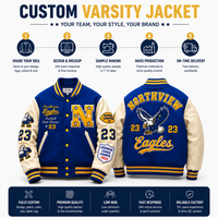Veste universitaire personnalisée avec logo pour homme, bleu royal, corps en laine, manches en cuir crème, veste de style Letterman, broderie de patchs en chenille, fabrication OEM