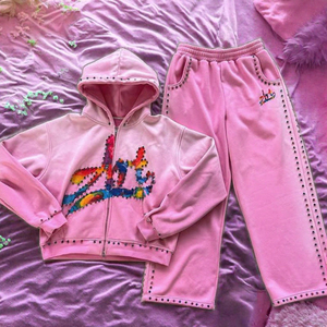 <b>Pink</b> Rhinestone Tracksuit Zip Up <b>Hoodie</b> Set Embroidered Jogger Pants Casual Wear for Unisex - Product Image 2