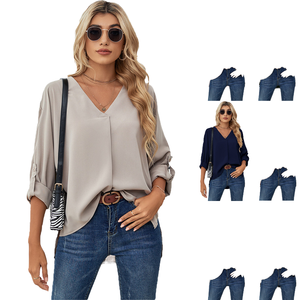 2023เสื้อเบลาส์แฟชั่นฤดูร้อนสำหรับผู้หญิงคอวีแขนยาวทรงหลวมสีพื้นถักแบบ3XL สไตล์ลำลอง - Product Image 3