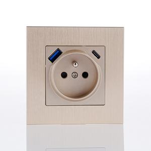 <span class=keywords><strong>Plaque</strong></span> Métallique Panneau Aluminium Brossé Norme Européenne Française Type 2P + T Prise USB Murale avec Ports de Charge Rapide A + C PD 20W - Product Image 1