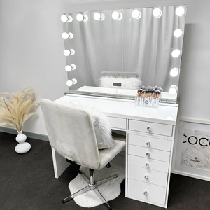 Modern White LED Vanity <strong>Desk</strong> <strong>Set</strong> with Studio Mirror, Large Glass Top Makeup Table with 2 Side Shelves &amp; 7 Drawers - Product Image 2