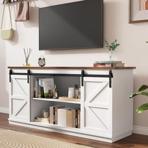 Meuble TV moderne pour téléviseurs jusqu'à 65 pouces, avec portes coulissantes, armoires de rangement, console, meuble multimédia pour salon en MDF - Product Image 1