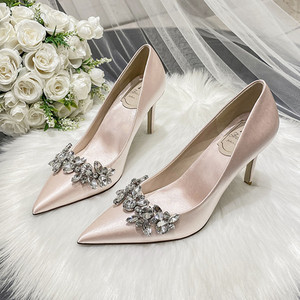 Chaussures de mariée en cristal, satin champagne, à enfiler, bout pointu, respirantes, pour l'été et l'automne, escarpins blancs à talon aiguille pour demoiselles d'honneur - Product Image 3