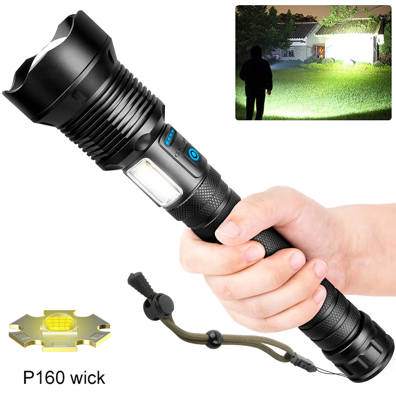 High Lumens P160 LED Torch Discharging Zoomable USB Rechargeable Tactical 10000 Lumens Telescoping Flashlight Big Torch Light
