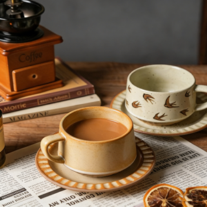 Retro Rustikales Keramik-Kaffeetassen-Set, Luxuriöse Einzigartige Keramiktasse mit Untertasse, Hochwertiges Nachmittagstee-Geschirr - Product Image 5