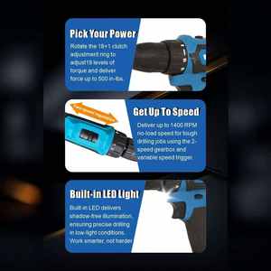 Kit de perceuse <span class=keywords><strong>sans</strong></span> <span class=keywords><strong>fil</strong></span> 21V à vitesse variable avec adaptateur de douille pour le perçage et le vissage dans le bois, le métal et le plastique. - Product Image 5