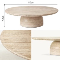 Premium Runder Naturstein-Travertin Couchtisch Cremefarbener Ästhetischer Säulenfuß Beistelltisch für Wohnzimmer-Möbel