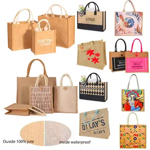 定制标志环保可重复使用粗麻布购物袋女性购物礼品回收黄麻手提袋日常用品
