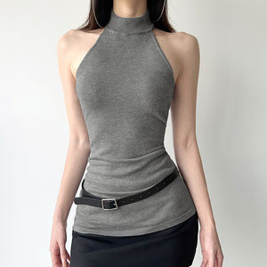 Gilet en tricot à col montant sans manches pour femme, couleur unie, dos nu, mi-long, simple et élégant, haut de base - Product Image 3