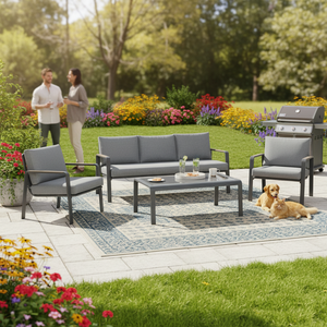 Ensemble <span class=keywords><strong>de</strong></span> <span class=keywords><strong>salon</strong></span> <span class=keywords><strong>de</strong></span> <span class=keywords><strong>jardin</strong></span> <span class=keywords><strong>4</strong></span> pièces en aluminium durable et moderne avec table en verre trempé, assemblage rapide, résistant aux UV pour patio et cour. - Product Image 5