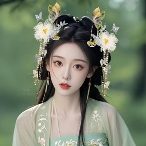 Nouvelle Fleur Verte Originale 2025, Coiffe Ethérée Hanfu, Épingle à Cheveux à Pompon Style Ancien, Accessoire Cheveux à Clipser en Soie avec Fleur - Product Image 1