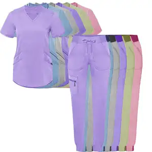 Venta al por mayor juegos de uniformes de Enfermería de alta calidad uniforme de enfermera médico elástico uniformes Spandex estiramiento uniforme Top y pantalones Scrubs Set