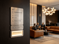 Signalétique de direction pour hôtels et complexes hôteliers - Panneaux piliers extérieurs pour le stationnement des voitures, la direction des restaurants et les guides de hall