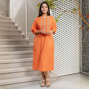 Vestido Midi de Georgette Estampado Naranja de Lujo al Por Mayor, Ropa Elegante para Mujer - Product Image 5