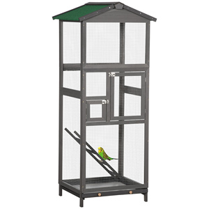 Cage à oiseaux en bois de 65 pouces, volière extérieure pour perroquet, perruche, avec plateau extractible et 2 portes, gris - Product Image 1