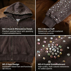 Custom Heavyweight 400G French Terry Cotton <b>Men</b> <b>Zipper</b> <b>Hoodie</b> Vintage Washen Rhinestone Embroidered Solid Zip up <b>Hoodie</b> TKAN608 - Product Image 3