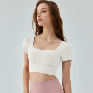 Wholesale Women Square Neck <b>Open</b> Back Yoga Crop Tops Stretch Short Sleeve Athletic T Shirts Built in <b>Bra</b> Gym Training Activewear - Product Image 1