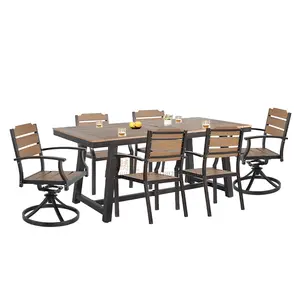 Avlu restoran bahçe plastik ahşap yemek masası ve sandalye seti, ayarlanabilir sandalye akşam yemeği için uygun, plastik ahşap set