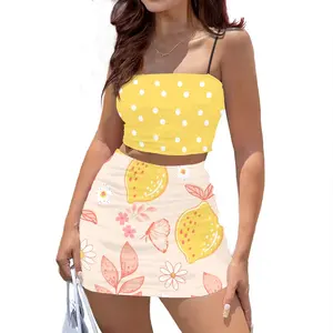 10代の女の子のための甘い黄色のレモンドレスセットホットセクシーなボディコンスリングクロップトップとミニスカート2022夏の女性のビーチ衣装